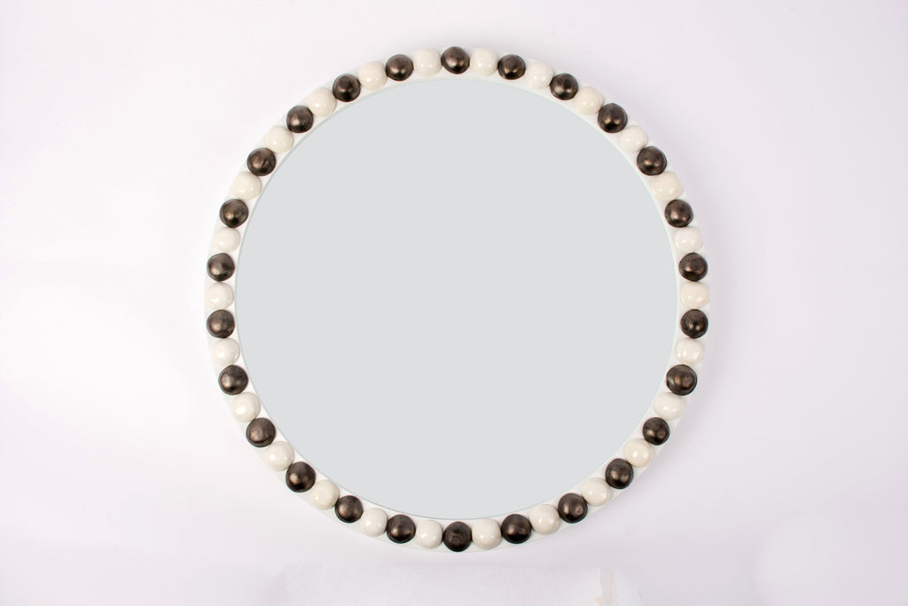 25-Inch Round Irish Mirror in Gloss White with Matte Bronze and Clear Buttons