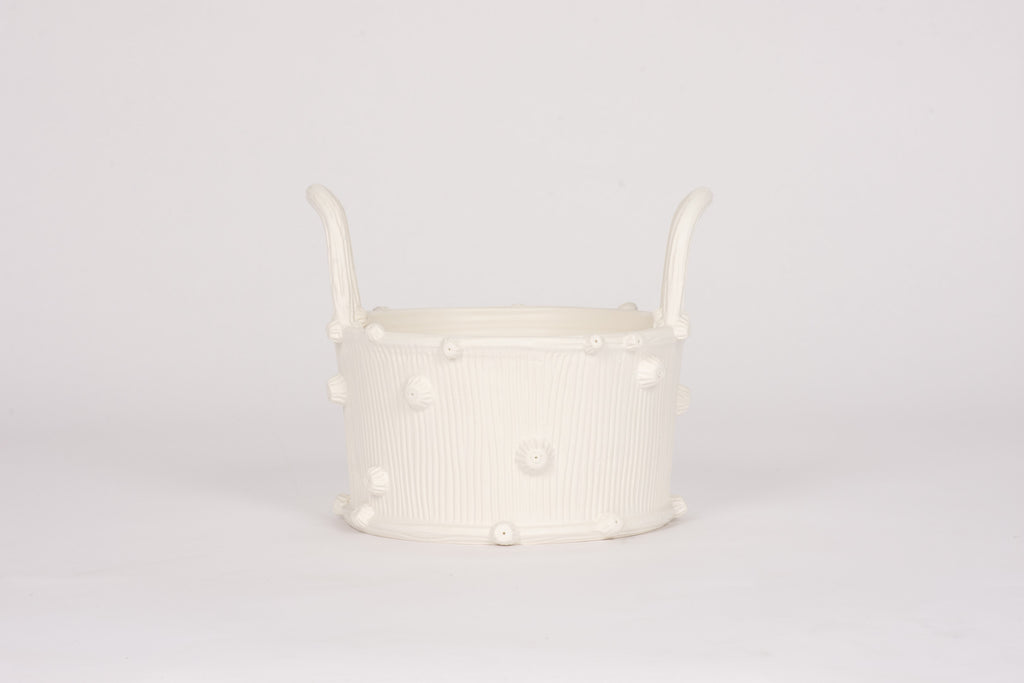 HT Wide Faux Bois Cache Pot in Matte White