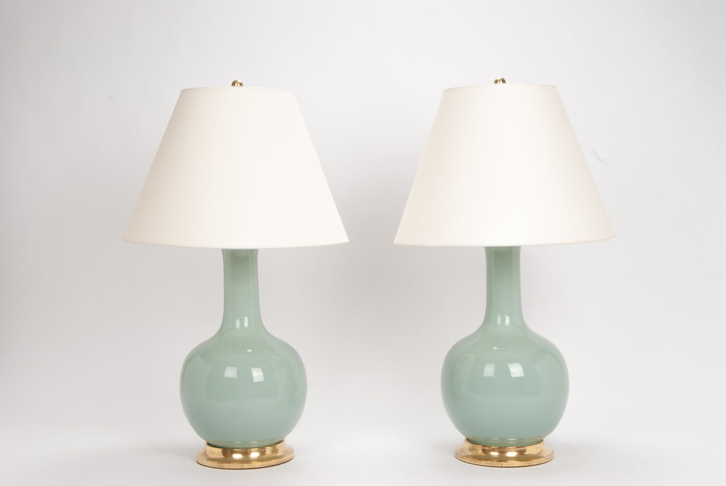 Pair of Large Single Gourd Lamps in Duck Egg