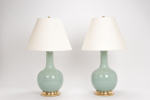 Pair of Large Single Gourd Lamps in Duck Egg