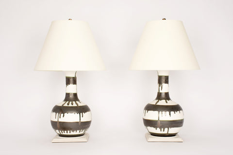 Pair of Large Single Gourd Lamps in Matte White with Matte Bronze Stripes