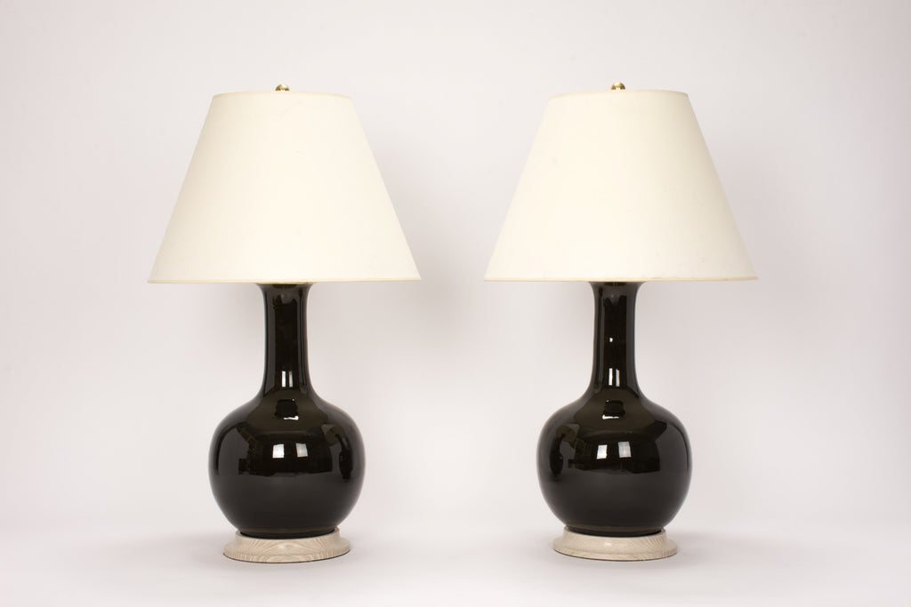 Pair of Large Single Gourd Lamps in Olive