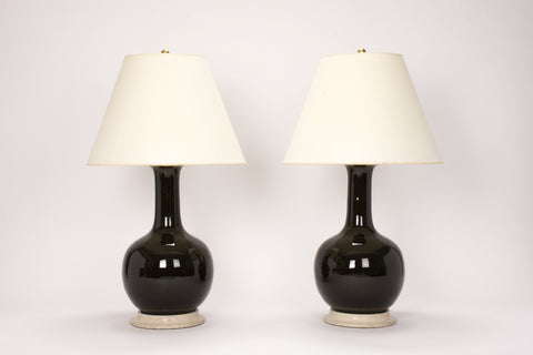 Pair of Large Single Gourd Lamps in Olive