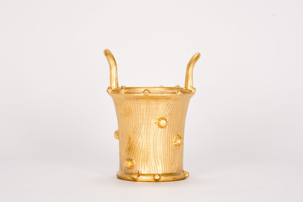 Medium Faux Bois Cache Pot in Gold Luster