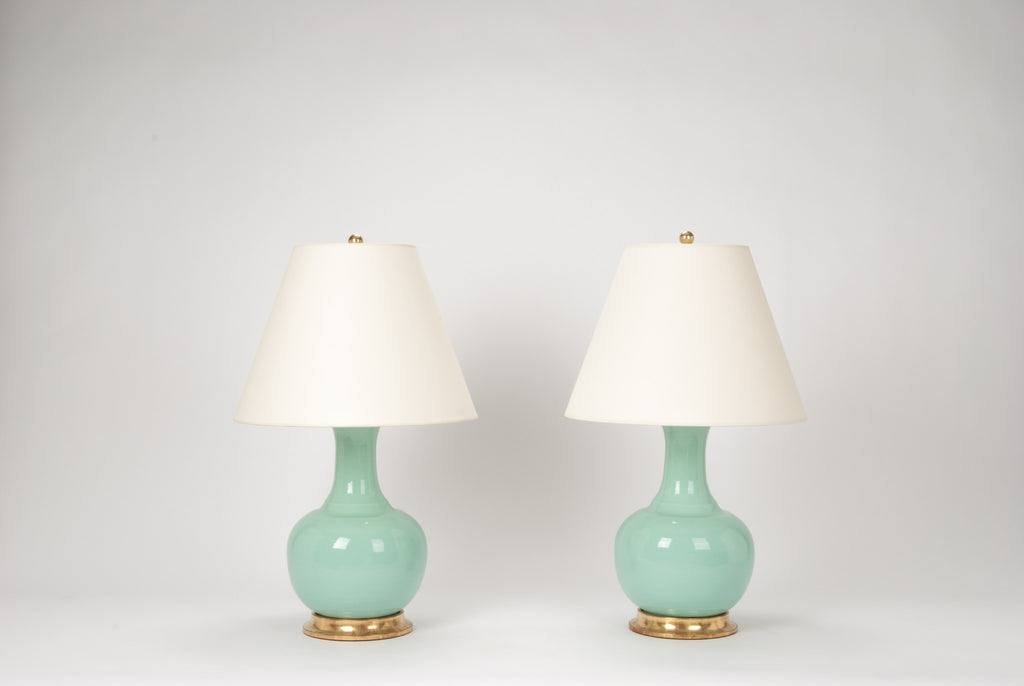 Pair of Ridged Single Gourd Lamps in Pale Blue Green