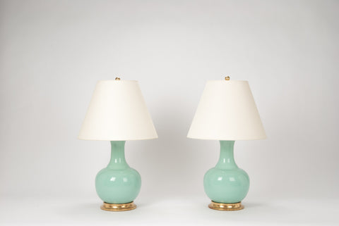 Pair of Ridged Single Gourd Lamps in Pale Blue Green