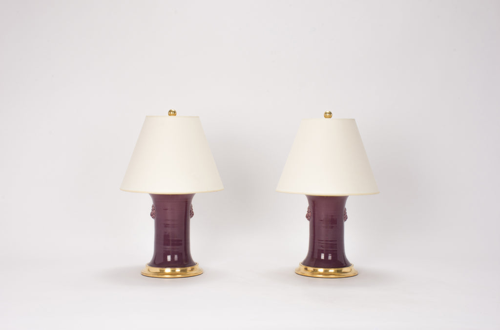 Pair of Small Patricia with Lions Lamps in Aubergine