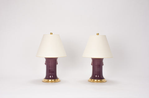 Pair of Small Patricia with Lions Lamps in Aubergine