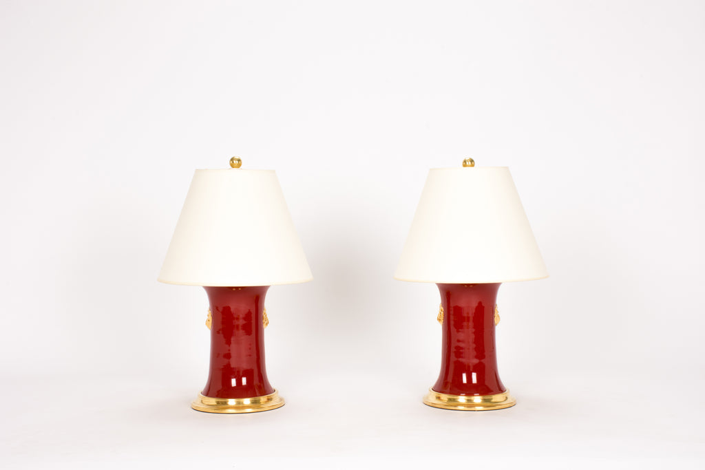 Pair of Small Patricia with Lions Lamps in Scarlet and Gold Luster