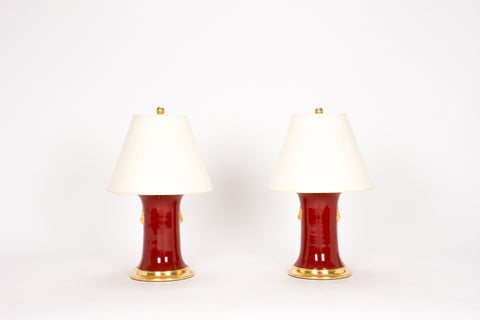 Pair of Small Patricia with Lions Lamps in Scarlet and Gold Luster