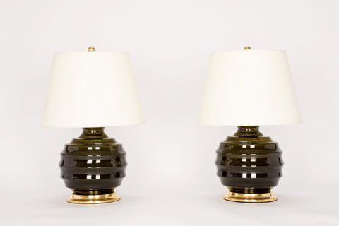 Pair of Wide Ribbed Ball Lamps in Olive