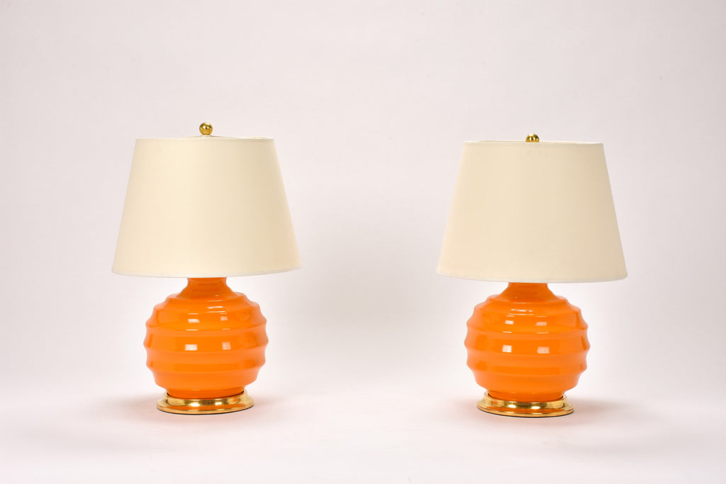 Pair of Wide Ribbed Ball Lamps in Pumpkin