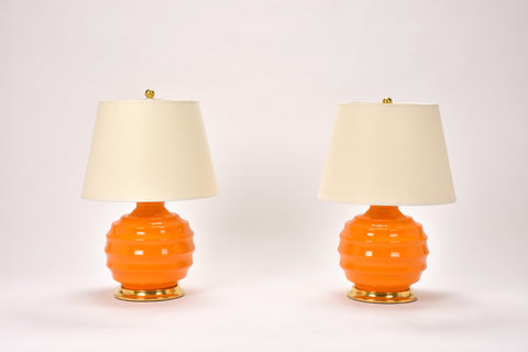 Pair of Wide Ribbed Ball Lamps in Pumpkin