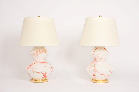 Pair of Wide Zig Zag Lamps in Watermelon Marble